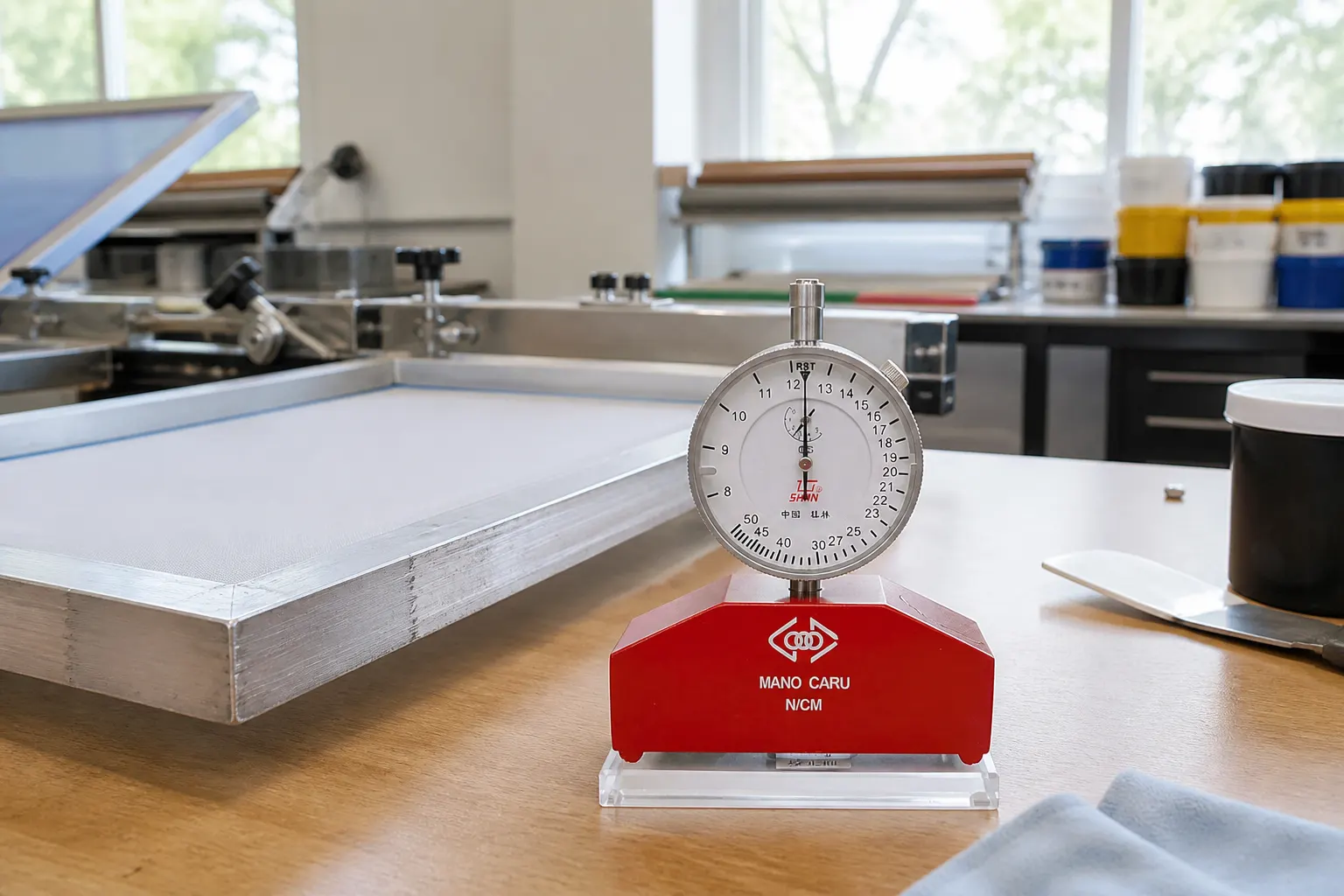 Screen Printing Mesh Tension Meter in use