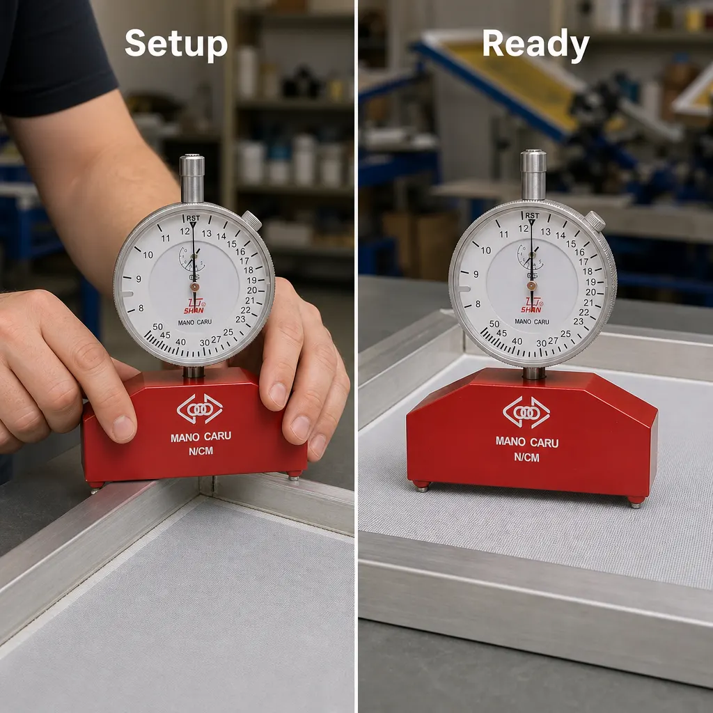 Screen Printing Mesh Tension Meter setup and use views