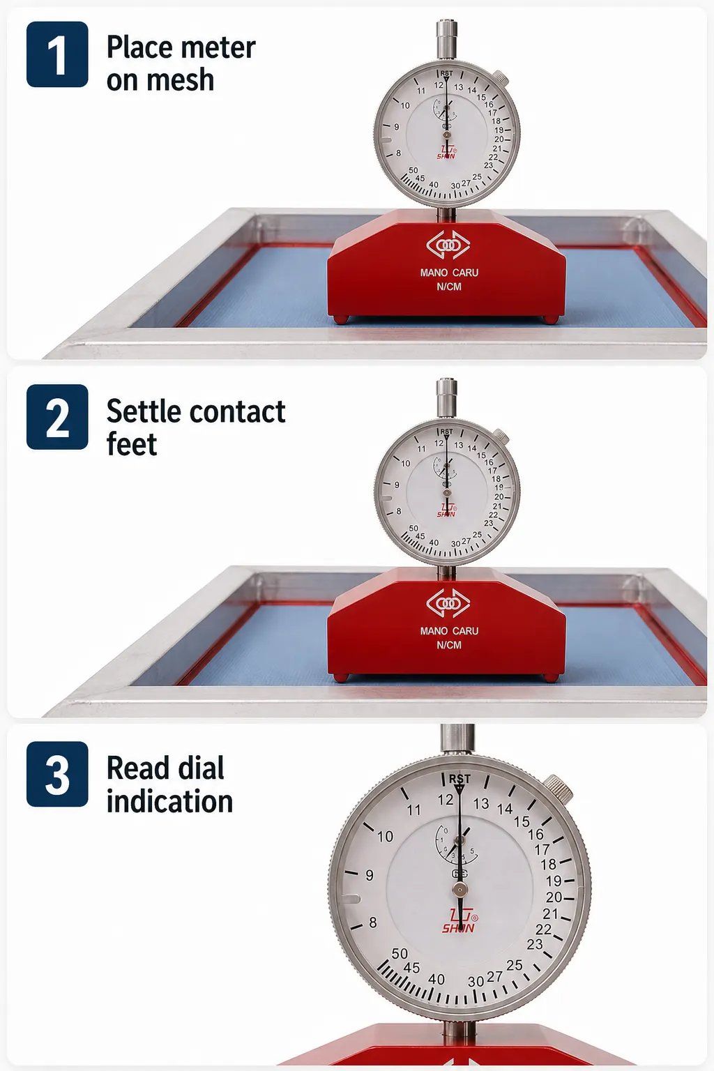 Screen Printing Mesh Tension Meter setup and use views